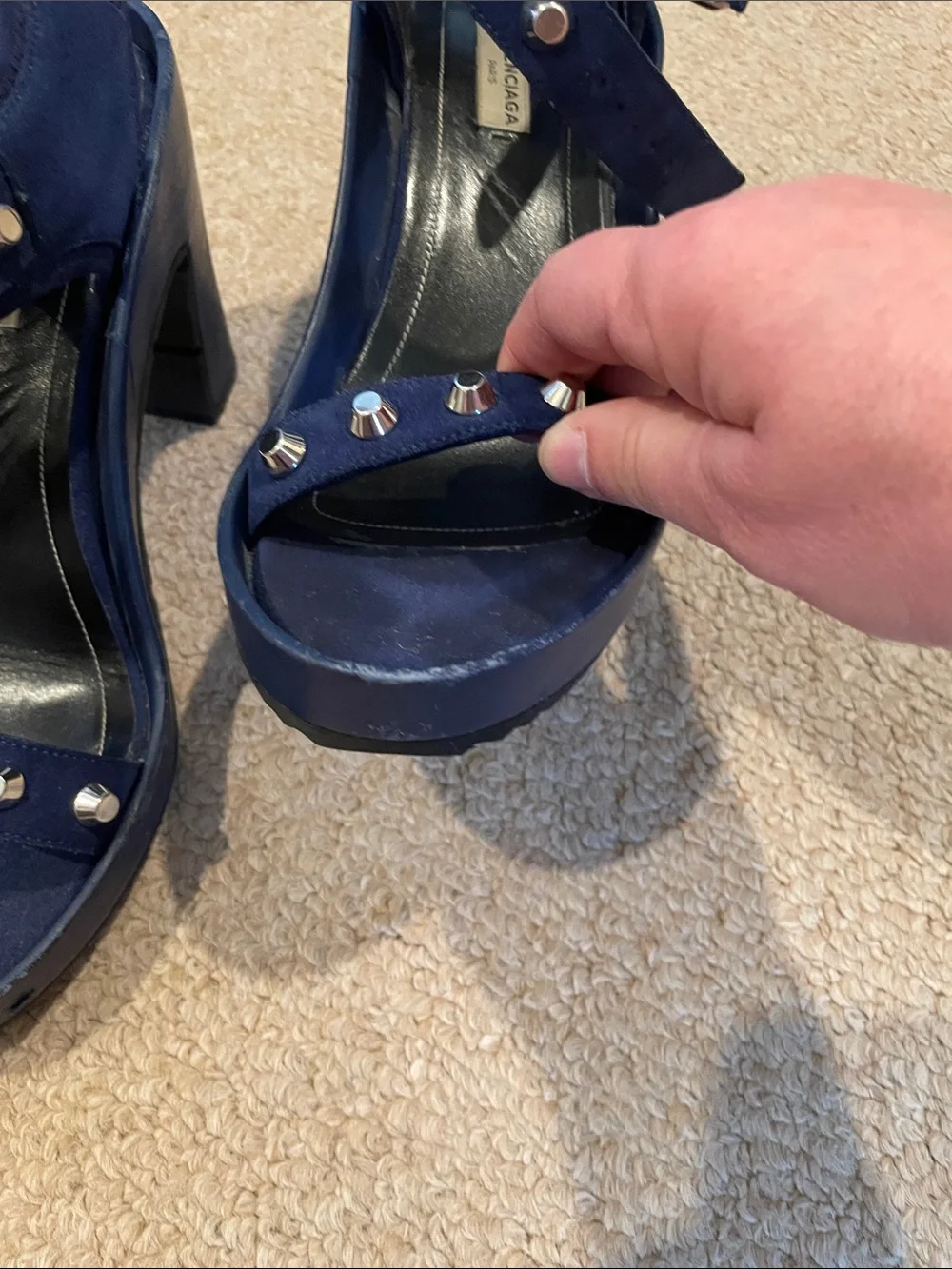 Balenciaga Women’s Navy Studded Block Heel Sandals - Picture 3 of 9